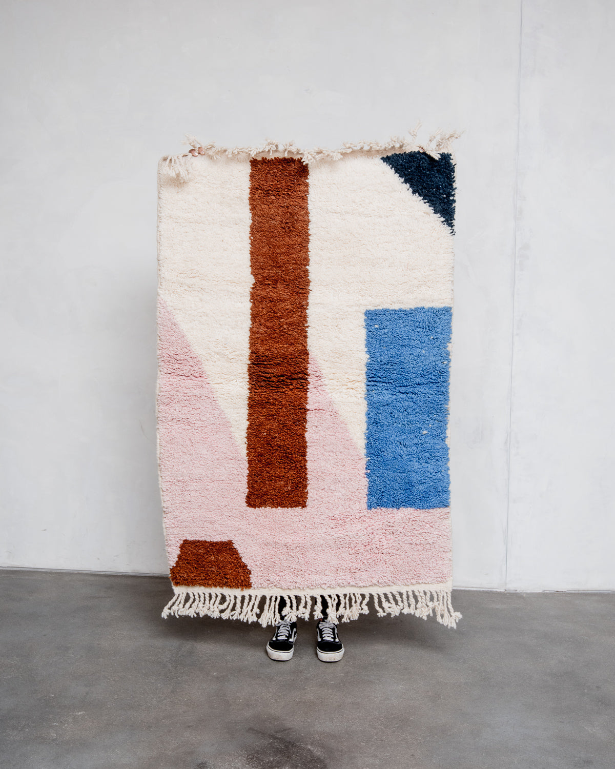 Modern, designer, handcrafted Berber rug from Morocco. Beniourain carpet with beautiful colours and patterns and fluffy wool texture. Edit alt text